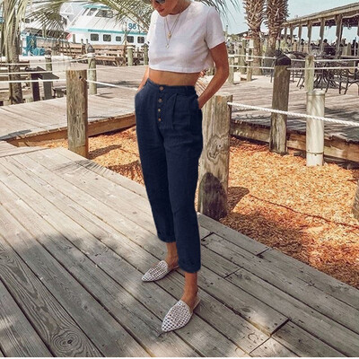 

Women High Waist Long Pants Solid Color Button Casual Pencil Pocket Trousers