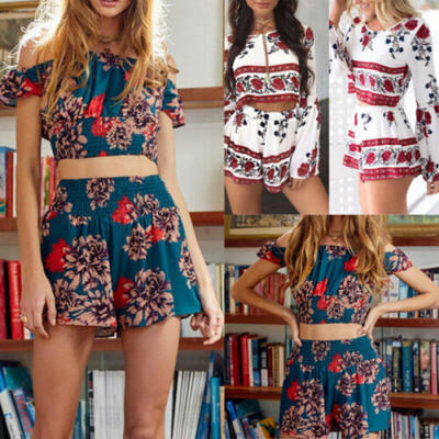 

New Women Floral 2PCS Bodycon Crop TopShorts Set Dresses Boho Floral Beachwear