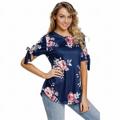 

Round neck short sleeve floral print shirt bohemian straight shirt womens