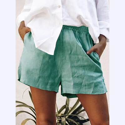 

Tailored Women Fashion Solid Color Cotton Flax Elastic Short Pants Beach Shorts