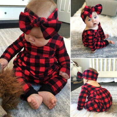 

Xmas Infant Bay Girl Clothes Plaid Romper Bodysuit Overall Headband Outfit 0-18M