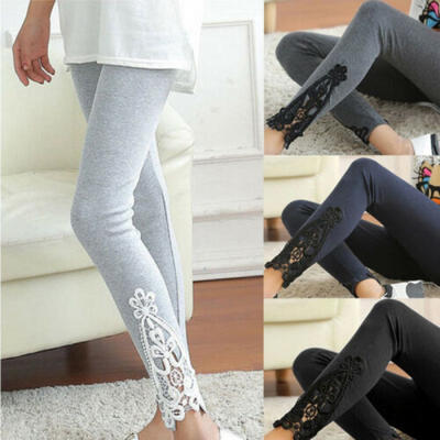 

Ladys Skinny Pants Lace Trim Leggings Stretch Ripped Trousers High Waist Casual