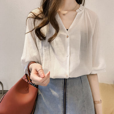

Women Temperament Solid Color Chiffon Tops Loose Turn down Female Blouse Vintage Seven-point Sleeve Casual Lady Tops OFFICE Wear
