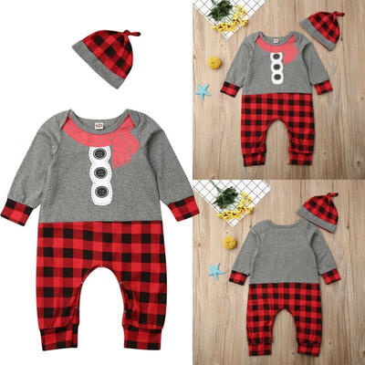 

Christmas Gift 2Pcs Baby Boy Clothes One Piece Romper Plaid JumpsuitsHat