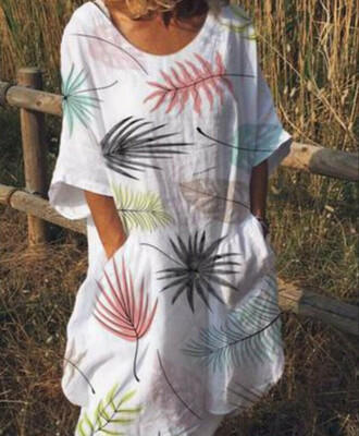 

Womens Fashion Loose Half-Sleeve Long Dress Beach Large Size Floral Dress