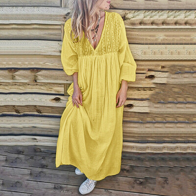 

Tailored Fashion Women Casual Plus Size Solid Long Sleeve Lace Partchwork Loose Dress