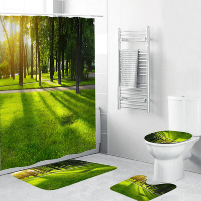 

Gobestart 4PCS Non Slip Toilet Polyester Cover Mat Set Bathroom Shower Curtain
