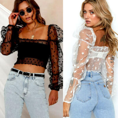 

Women Mesh Sheer Crop Top Long Sleeve Lace Transparent Party Club T-Shirt Blouse
