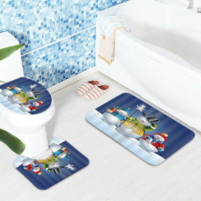

Bathroom Christmas Snowman Rug Mat Toilet Cover Kits Shower Curtain Waterproof