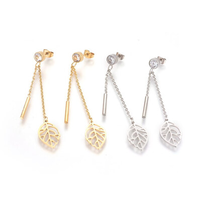 

304 Stainless Steel Dangle Stud Earrings with Rhinestone Leaf with Bar Mixed Color 71mm Pin 08mm