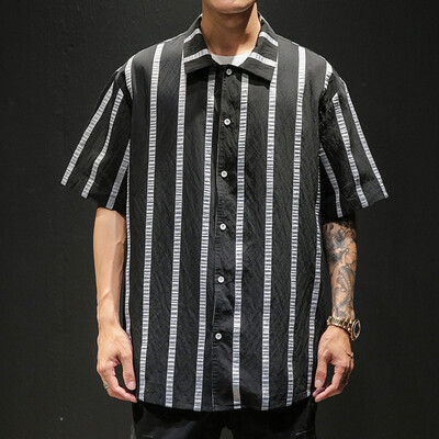 

Tailored Mens Summer Casual Fashion Loose Stripe Printing Short Sleeve Shirt Tops