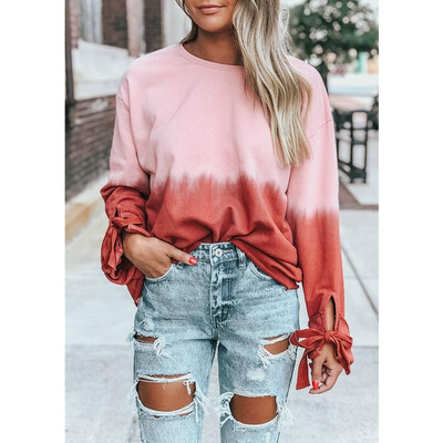 

Women Autumn Winter Blouse Gradient Color Print O Neck Long Sleeve Lace Up Casual Pullover Tee Basic Tops Dark BlueRed