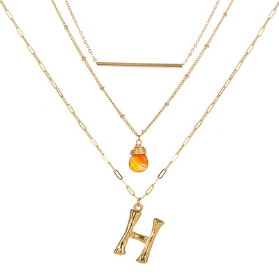 

Small Orange stone Gold Metal Bamboo 2cm 26 Letter Alphabet A-Z Minimalist Initial Pendant Necklace Fashion Twist Chain Jewelry