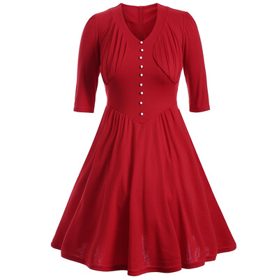 

Buttoned Half Sleeves Ruched Flare Dress