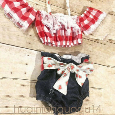 

UK 2PCS Toddler Baby Girl Clothes Lace Plaid Tops Denim Shorts Summer Outfits