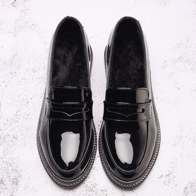 

Spring British style womens shoes vintage college Oxford Joker slim shoes lace-up small black shiny leather shoes