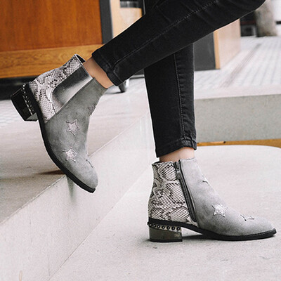 

Rose New Autumn And Winter Stitching Color Chunky Heels Boots Women High-Heeled Shoes