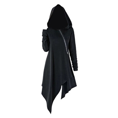 

Womens Solid Hooded Long Sleeve Coat Tops Vintage Costume Irregular Hem Jacket