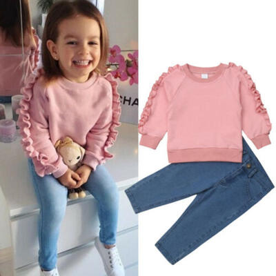 

Kids Baby Girls Winter Warm Outfit Clothes Ruffle Tops Denim Pants 2Pcs Outfits