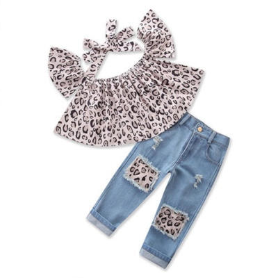 

Baby Kids Girls Outfits Leopard TopsDestroyed Denim Jeans Pants headband 3PCS