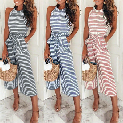 

Womens Striped Straight Wide Leg Jumpsuit Pants Ladies Evening Party Playsuit