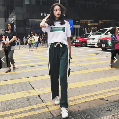 

Women Letter Print t-Shirt Loose Simple Female Tops Split Striped Wide-Leg Pants Black Two-Piece Women Suits