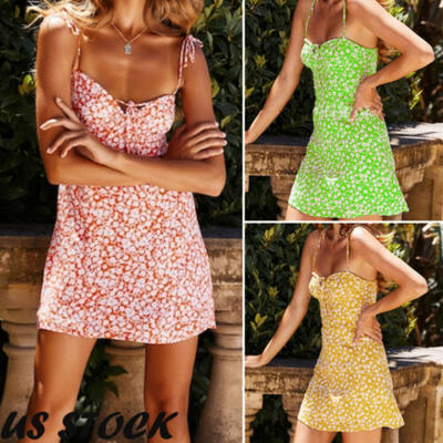 

US Womens Boho Summer Short Dress Sleeveless Floral Beach Mini Dress Sundress