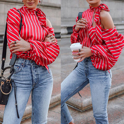 

Starmoon Fashion Women High Collar Stripe Printing Bandage Long Sleeves Tops Blouse