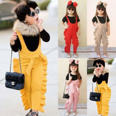 

UK Kid Baby Girl Solid Dungarees Bib Pants Ruffle Romper Overalls Outfit Clothes