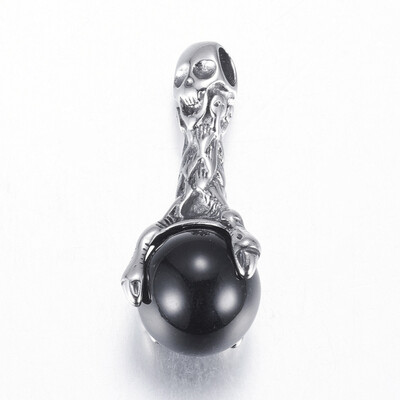 

304 Stainless Steel Black Agate Pendants Claw with Skull Antique Silver 41x20x15mm Hole 3x5mm