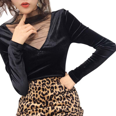 

Women Sexy V Neck T Shirt Mesh Stitching Long Sleeve T-Shirt Korean Style Solid Top