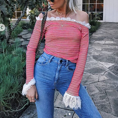 

Fashion Womens Off Shoulder Long Sleeve Lace Stitching Tops Slim T-Shirt Blouse