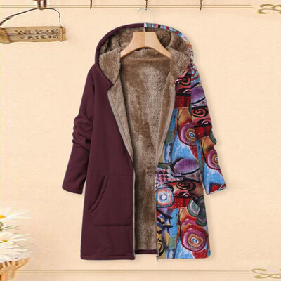 

Toponeto Plus Size Women Winter Warm Printed Pockets Thicker Zipper Hooded Coat Outwear