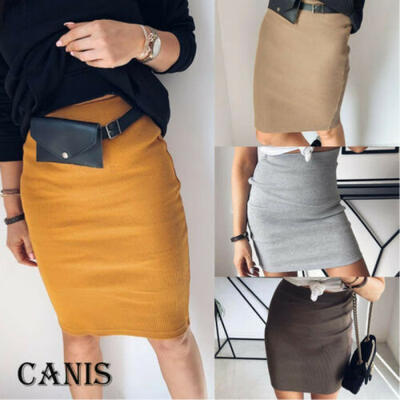 

Womens Pencil Skirt Cotton Stretch Elastic Waist High Waisted Knee Length Office