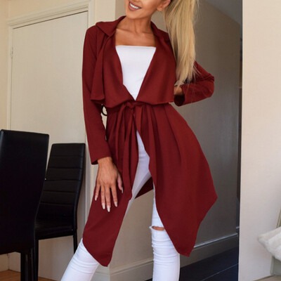 

Womens Solid Lace-up Outwear Tops Long Sleeve Lapel Collar Casual Jacket Coat