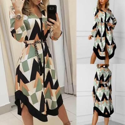 

Womens Long Shirt Dress Wave Print Long Sleeve V-neck Casual Holiday Midi Dress