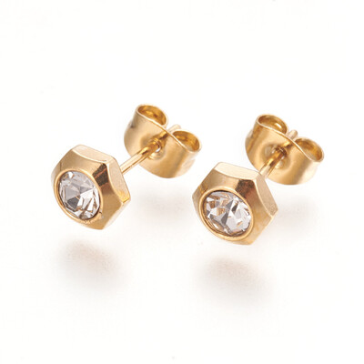 

304 Stainless Steel Ear Studs with Rhinestone Hexagon Crystal Golden 6x65x3mm Pin 08mm