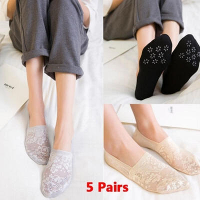 

5 Pairs Women Lace Socks Boat Invisible Anti-Skid Low Cut No-show Non-Slip Liner