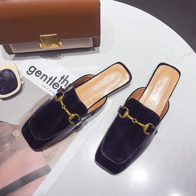 

Slippers women2019 new spring&summer retro-wear square head retro-slip-on flat-bottomed Moellers bottom semi-trailer