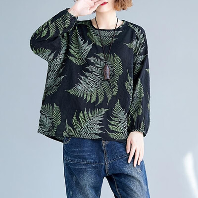 

Women Vintage Loose Blouse Printed Raglan Long Sleeves Oversized Plus Size Cotton Linen Spring Autumn Casual Tops