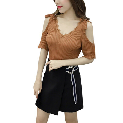 

Summer Beach T Shirt Women Casual Stretch V Neck Short Sleeve Tops Tee Cotton Off Shoulder T-Shirts