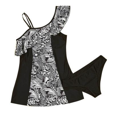 

2pcs Fashion Women One Shoulder Floral Printed Padded Flouncing Swimdress