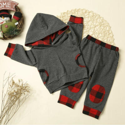 

2PCS Newborn Baby Boys Girls Plaids Clothes Long Sleeve Hooded Tops Pants Outfit