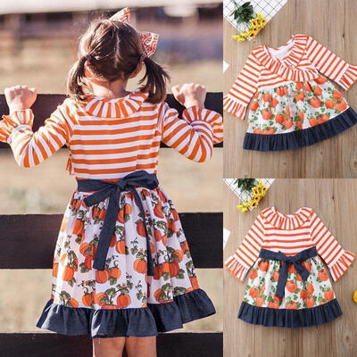 

Halloween Princess Baby Girls Dress Pumpkin Print Striped Dress Party Autumn Casual Dresses 1-5Y