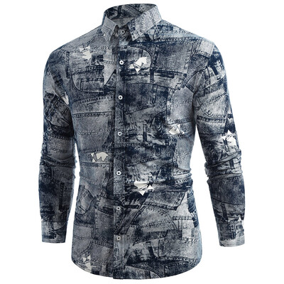 

Faux Denim Pocket Print Leisure Style Shirt