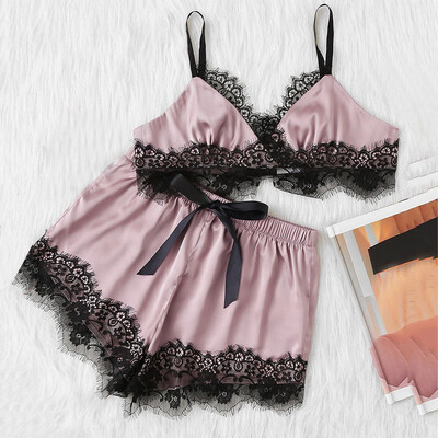 

Toponeto Women Sleepwear Sleeveless Strap Nightwear Lace Trim Satin Top Pajama Sets