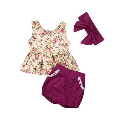 

3Pcs Kid Baby Girl Tops Flower Skirt PP Pants Headband Sunsuit Outfit Sets 0-24M