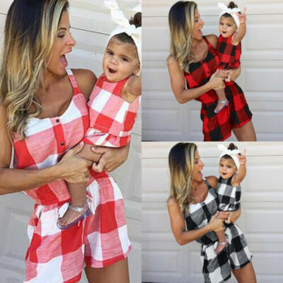 

Summer Family Matching Clothes Women Kid Girl Sleeveless Plaid Bodysuit Jumpsuit