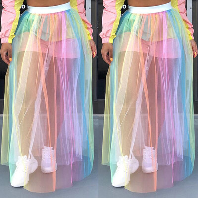 

Roseonmyhand Fashion Women Summer Sexy Rainbow Print Bohemian Mesh Perspective Casual Skirt