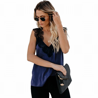 

Outerwear vest T-shirt womens V-neck sleeveless lace stitching top